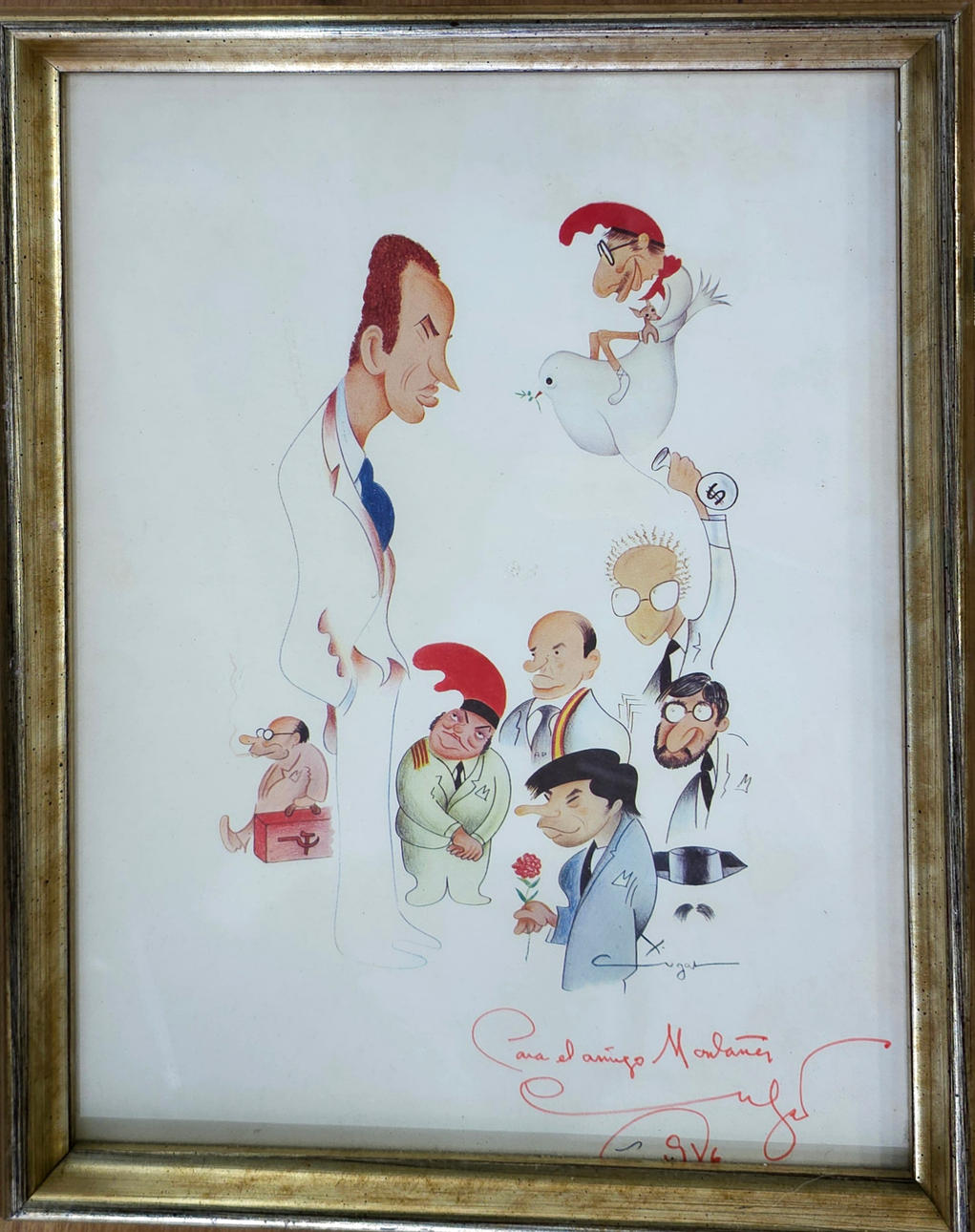 XAVIER CUGAT. ”Kuningas Juan Carlos I ja poliitikot” väripiirustus.