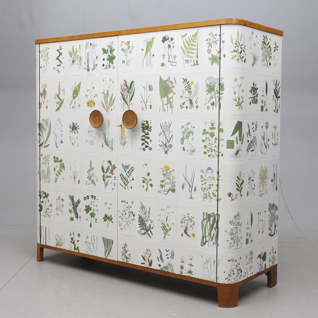 A cabinet, walnut/oak, upholstered with plates from C.A.M Lindman's “Nordens Flora”, Swedish modern, 1930s.