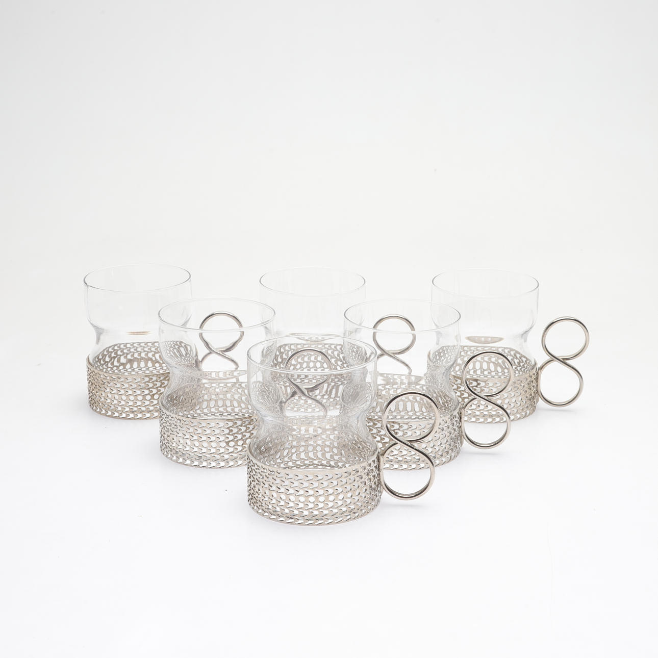 TIMO SARPANEVA. TEE-/glögit, 6 kpl, lasi/metalli, ”Tsaika”, Iittala.