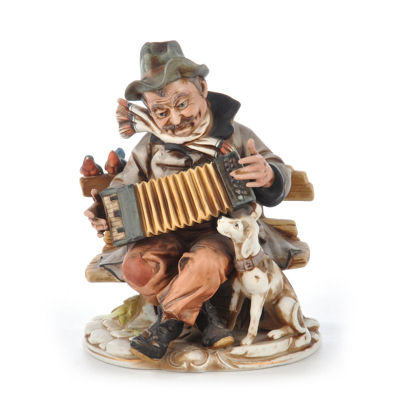 ROYAL MERIDIAN / DEUTSCHE NORITAKE. Clochard med dragspel flankerad av fåglar och hund.