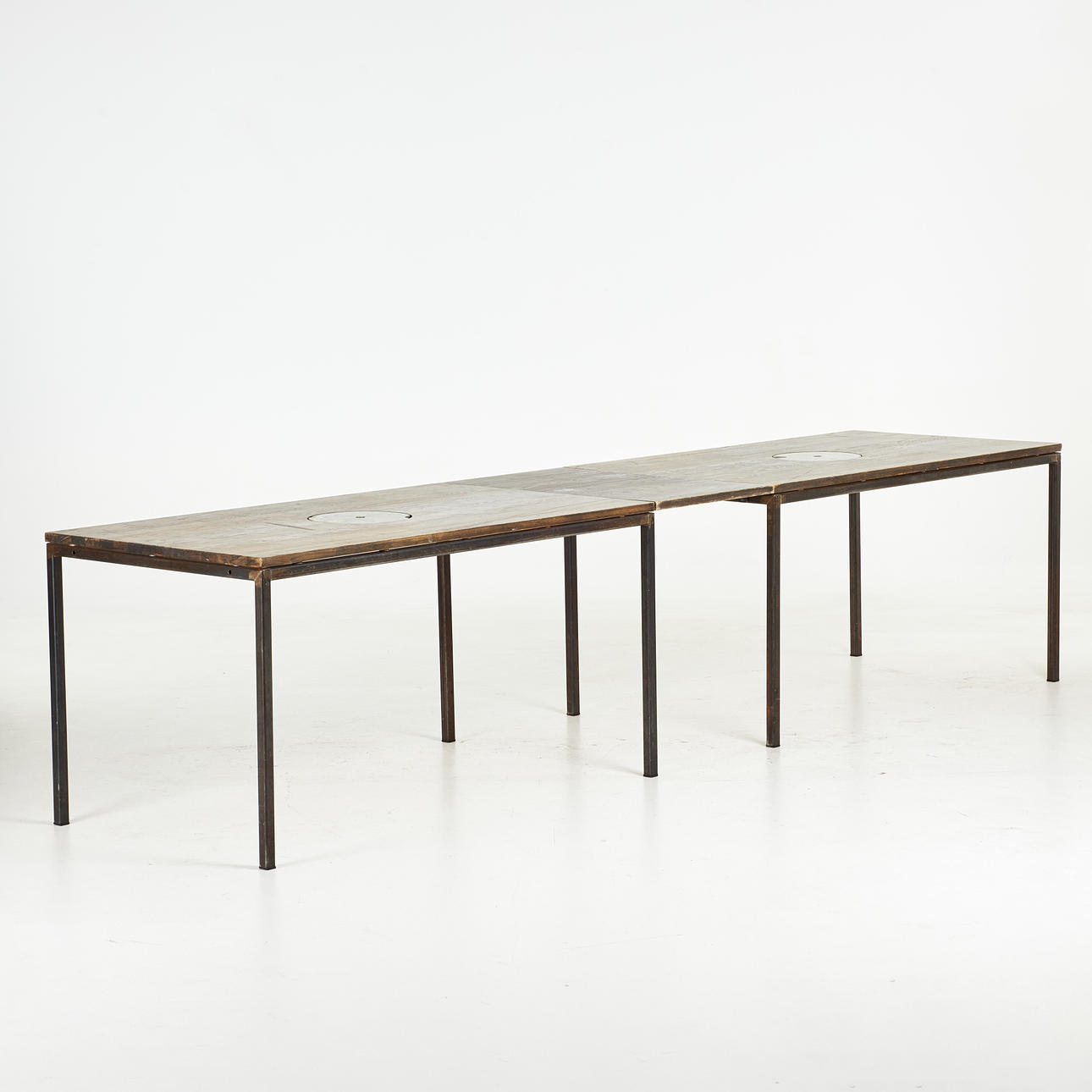 DINING TABLE, 2 +1+3 dlr, steel frame, stained beech board, with an extension plate that connects two tables to long tables, two removable round inserts of Kolmårdsmarmor and one in the form of vases, custom-ordered/unique.