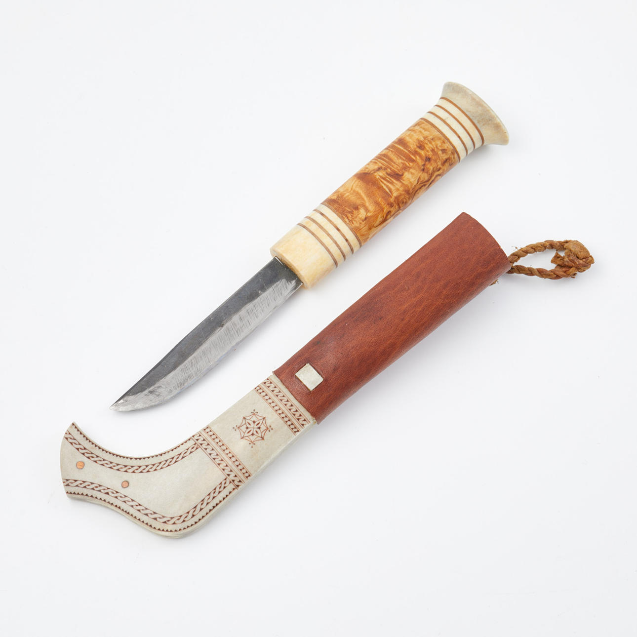 KNIFE, half horn, signed, unidentified craftsman.