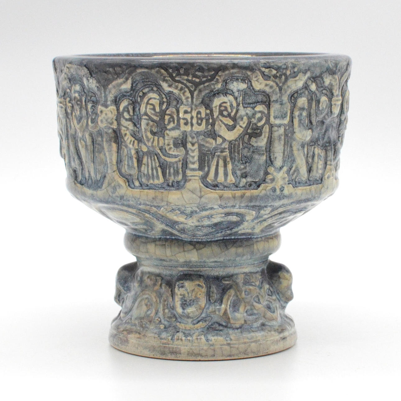MARIANNE STARCK. STONEWARE BOWL, FOR MICHAEL ANDERSEN & SONS, COPY OF THE BAPTISMAL FONT IN AAKIRKEBY BORNHOLM CHURCH, DENMARK, AROUND 1960S.