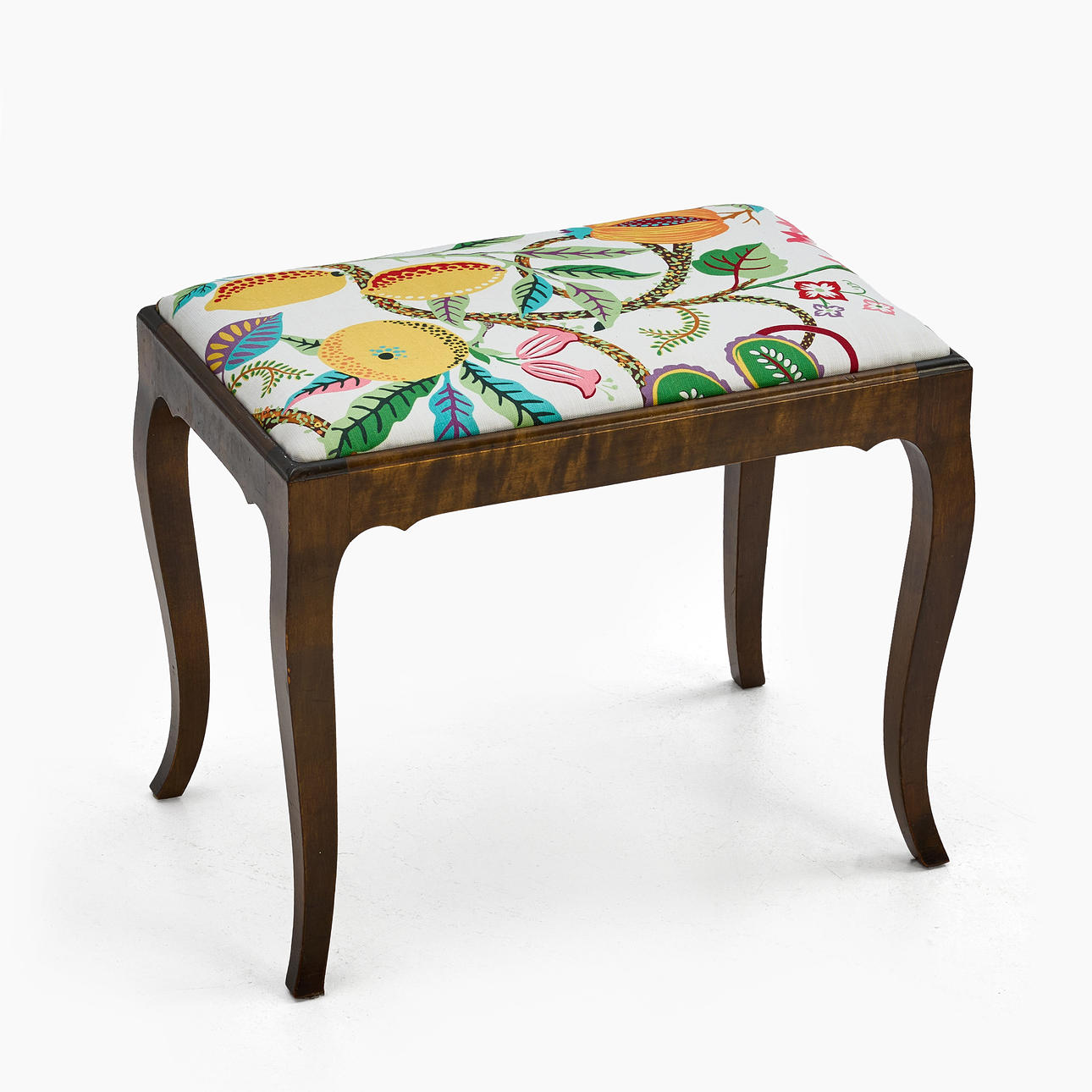 A piano stool, dressed birch, 1920/30s, patterned textile.