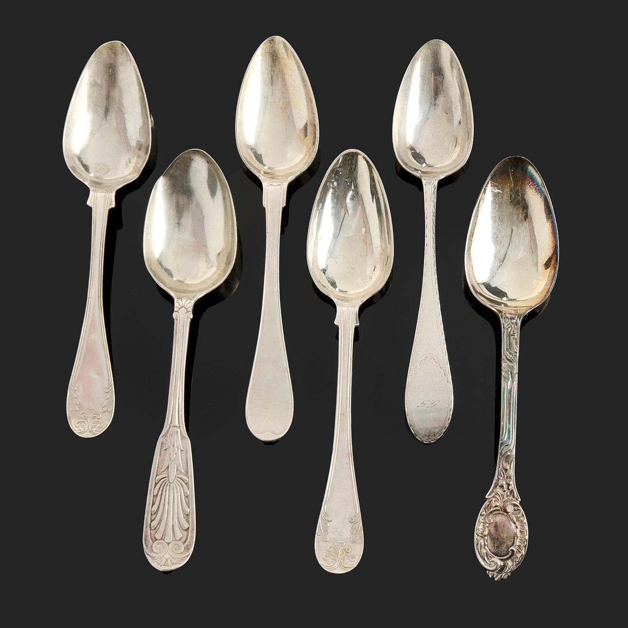 A set of 6 silver spoons, various models 19th century, including Peter Jonas Philip Wigren, Th Sohlberg.
