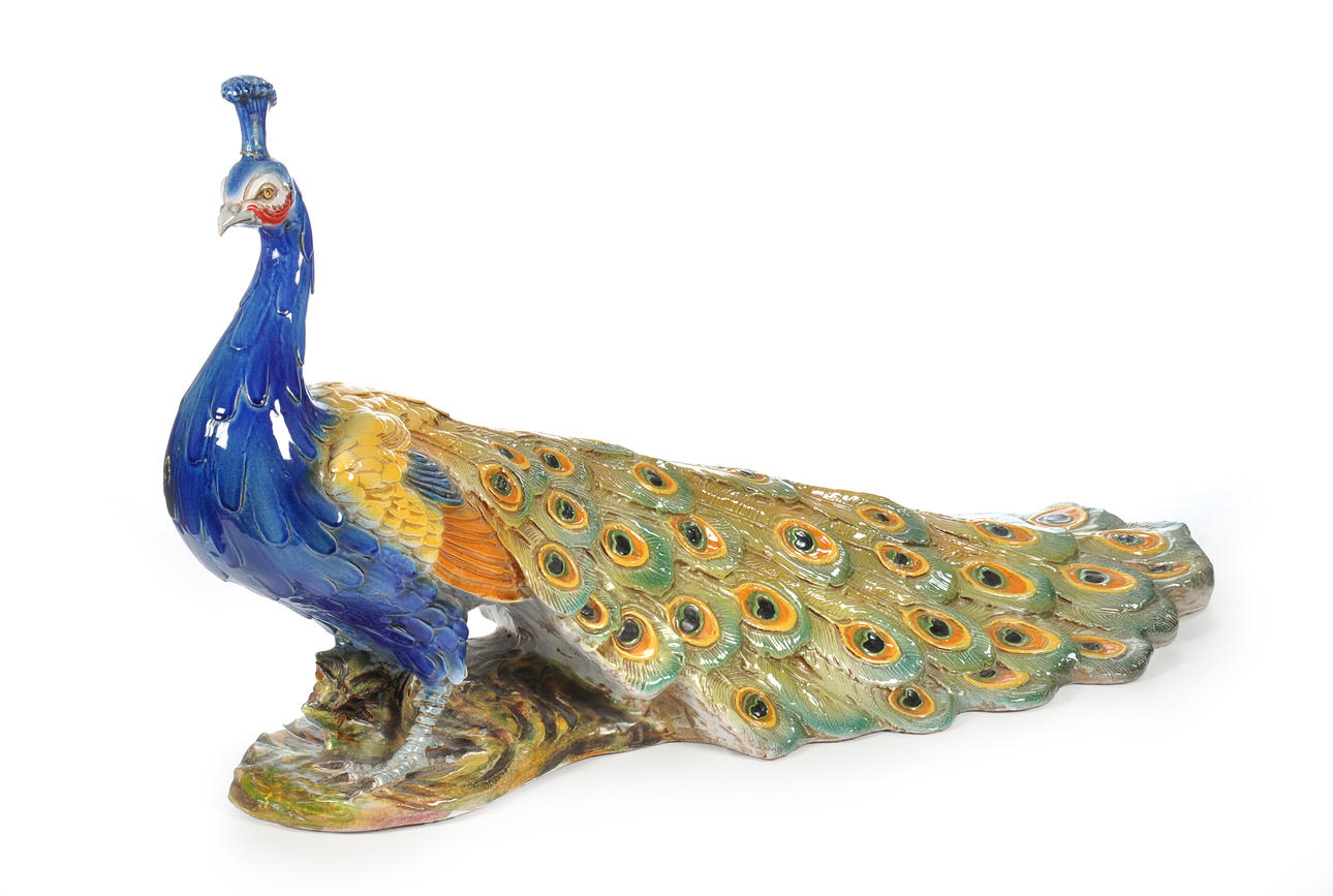 PÅFÅGEL. Majolica keramik, troligen Italien.