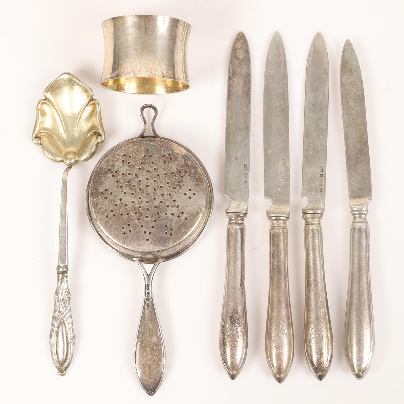 FRUGTKNIVE, TESIL M. M., 7 stykker, sølv.