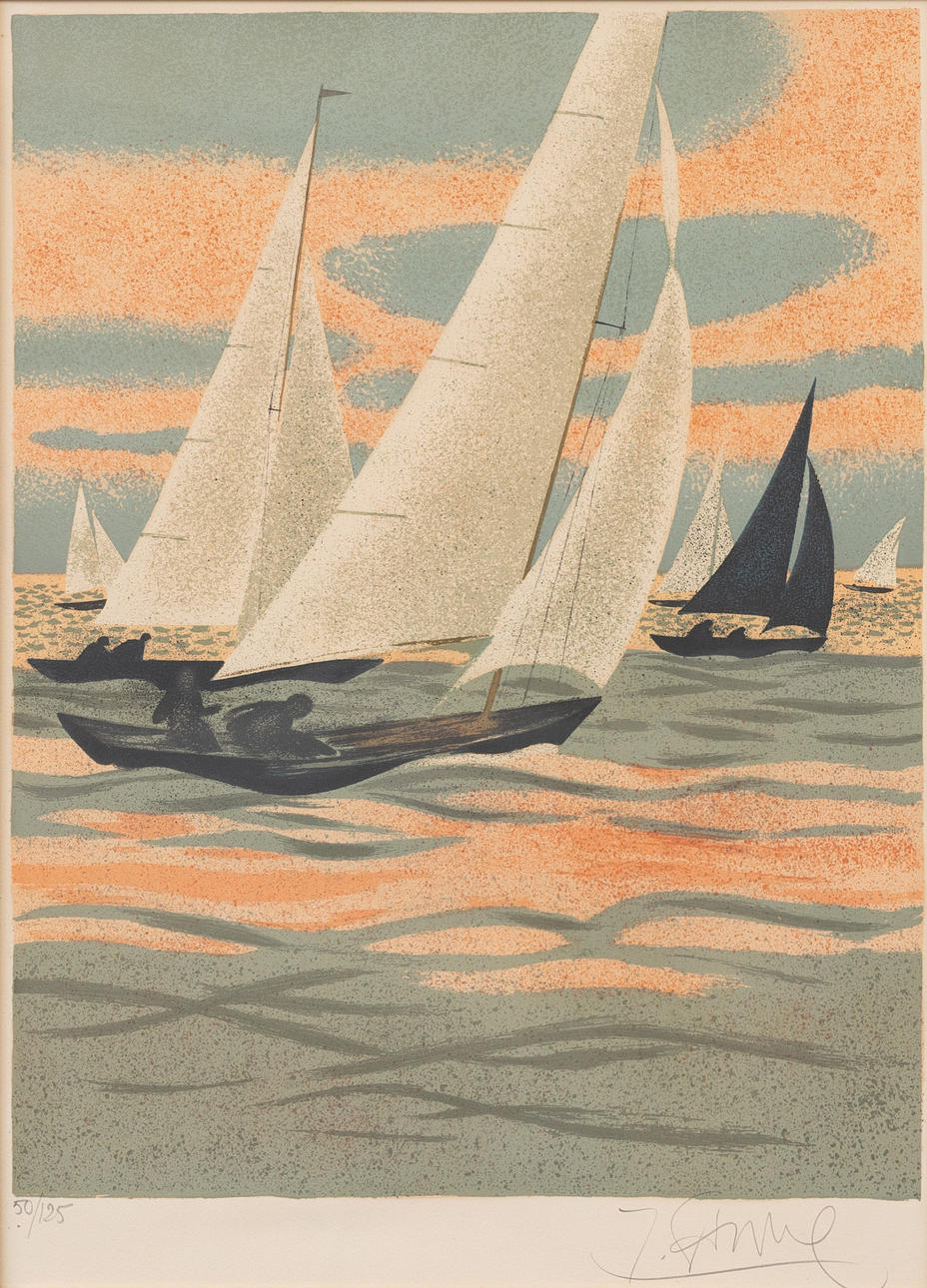 YVES GANNE. Sailboat motif, lithograph in colours, signed and numbered 50/125.