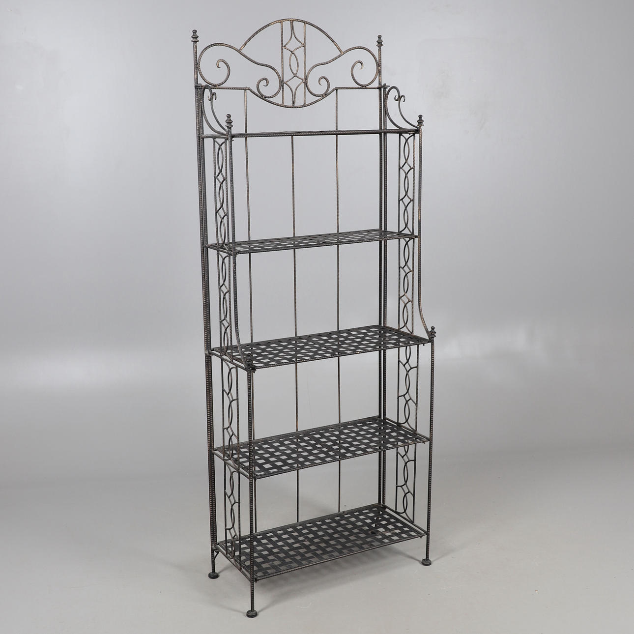 A DECORATIVE FIVE TIER METAL FOLDING DISPLAY STAND.