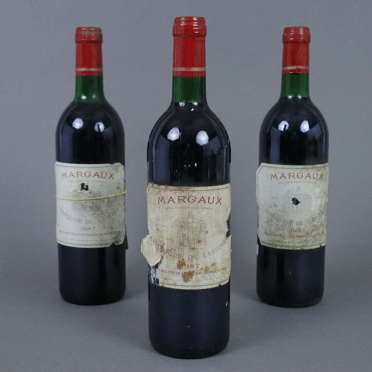 3 flasker 1987 Margaux, Marquise de Lassime.