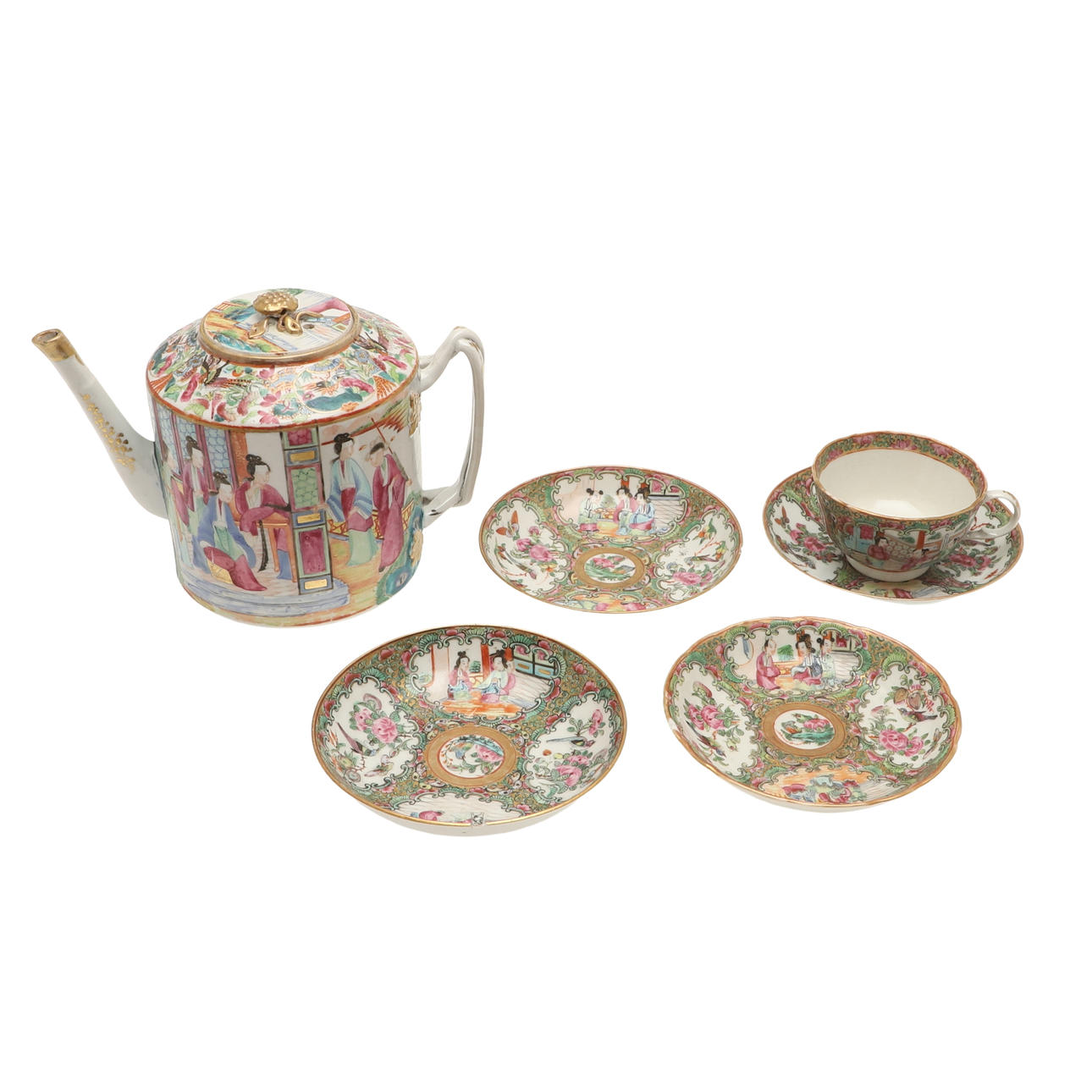 CHINESE CANTONESE TEAPOT, TEA CUP & SAUCERS.