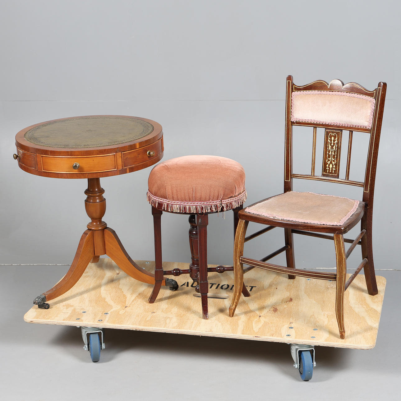A VICTORIAN PIANO STOOL, EDWARDIAN SALON CHAIR AND A SMALL DRUM TABLE (3).