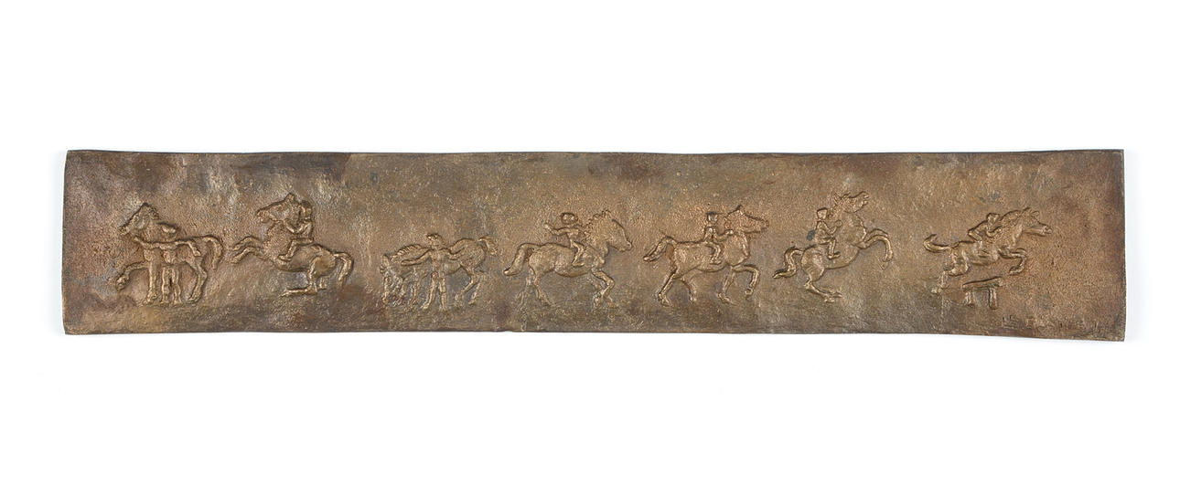 Relief brons, signerad Ungdomlig jockey & vildhäst i 7 sekvenser.