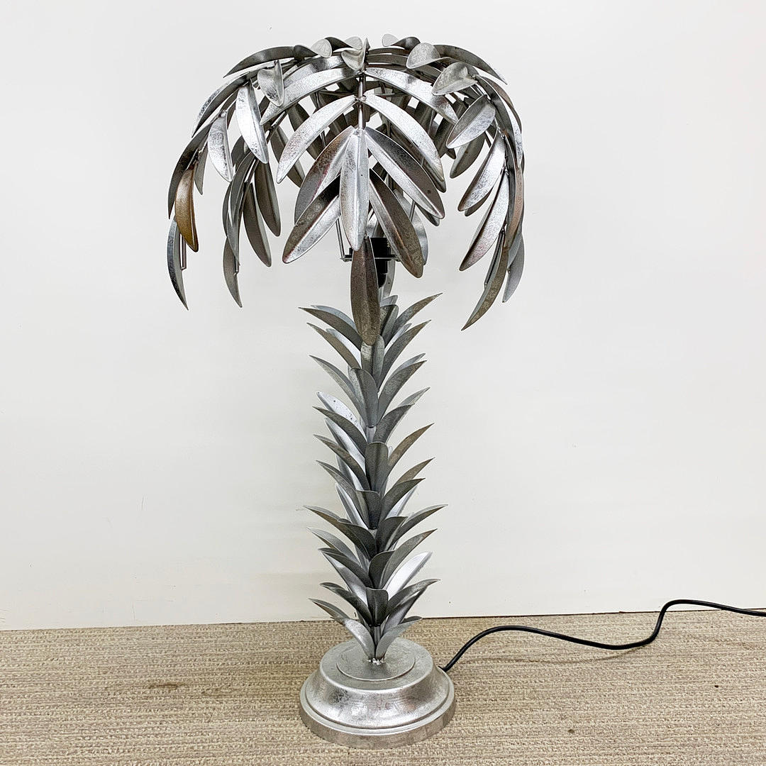 SILVERED METAL PALM TREE TABLE LAMP.