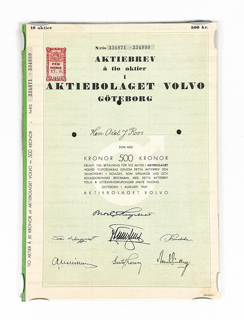 SHARE LETTER, “Volvo”, glazed, 1937.