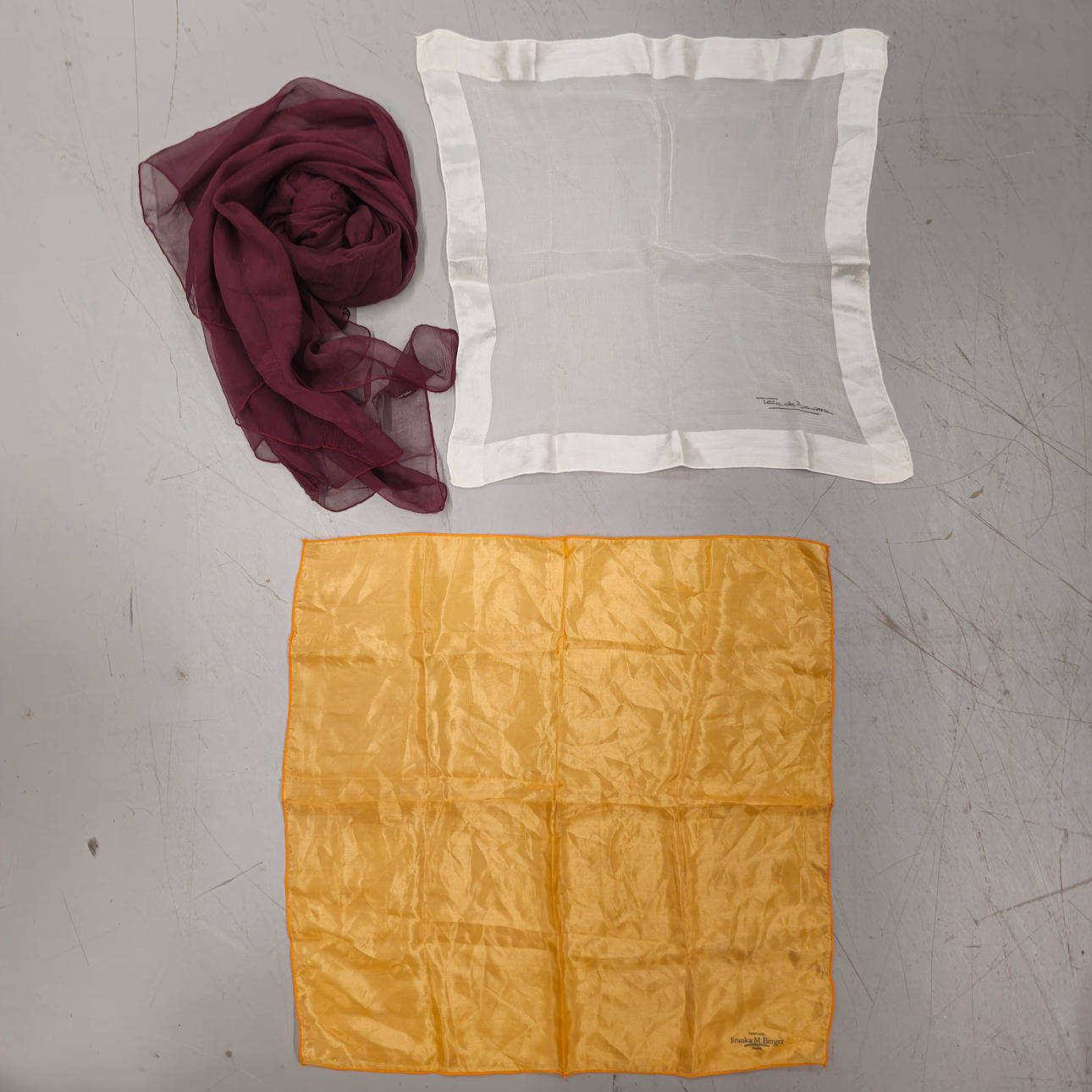 THREE ORGANZA HANDKERCHIEFS. DIFFERENT BRANDS.