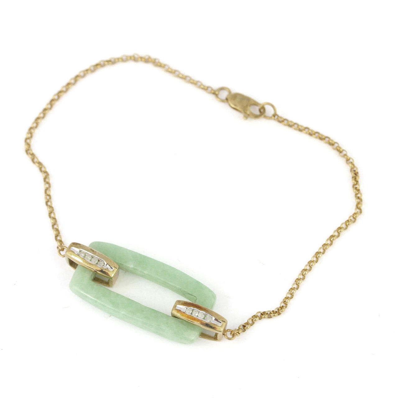 9CT JADE AND DIAMOND BRACELET.