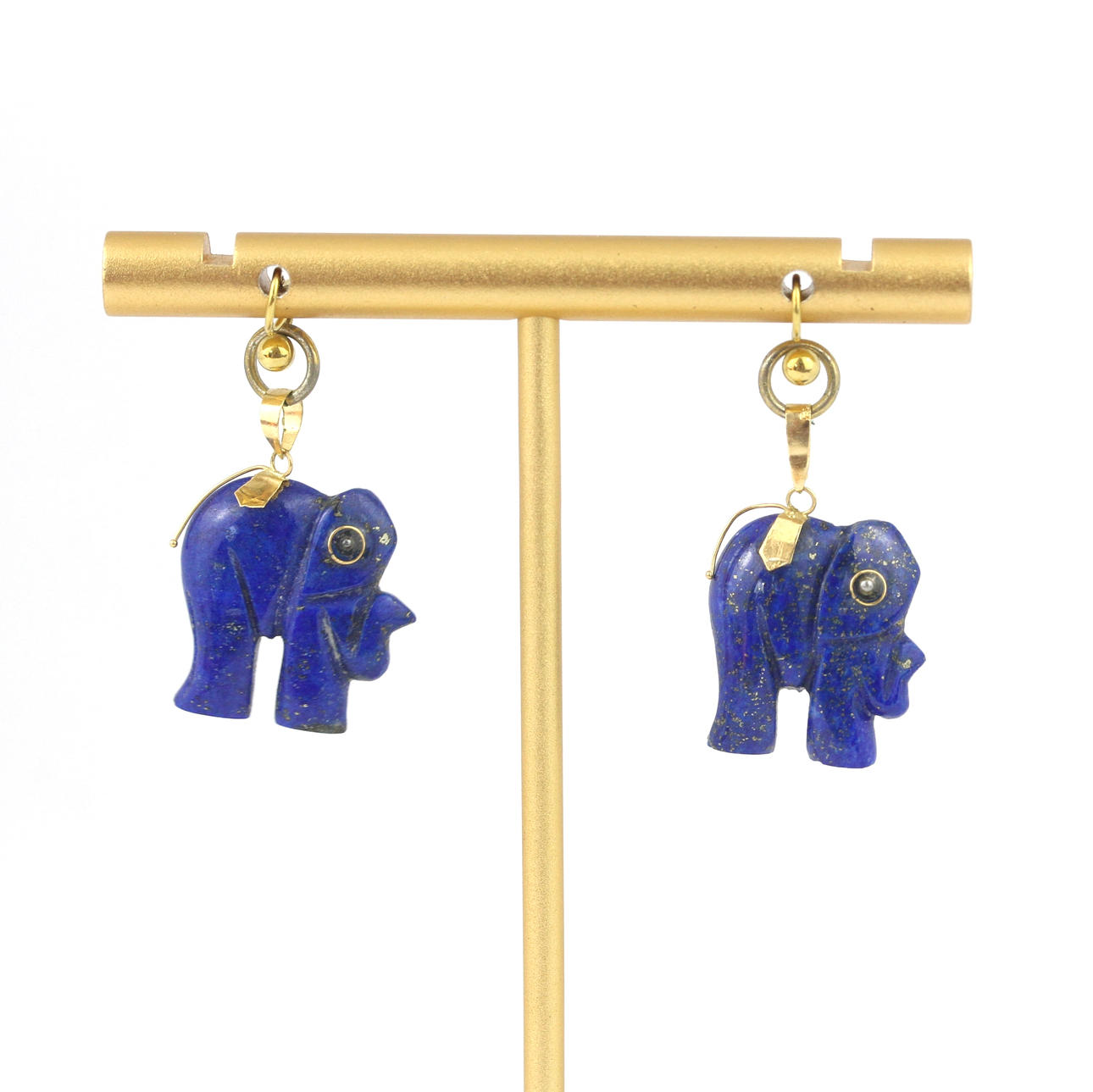 LAPIS LAZULI GOLD ELEPHANT EARRINGS.