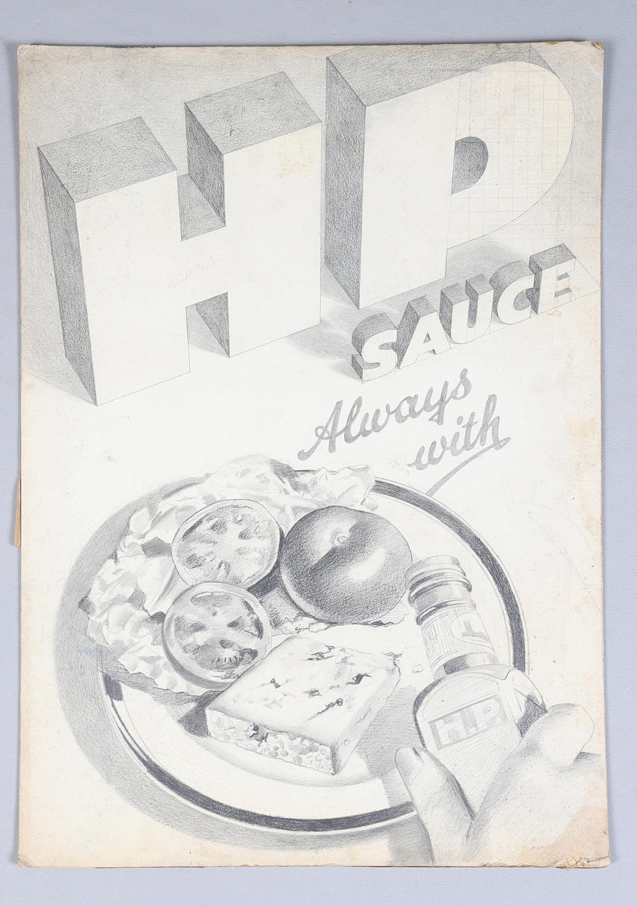 A HP SAUCE ADVERTISING SIGN SKETCH.