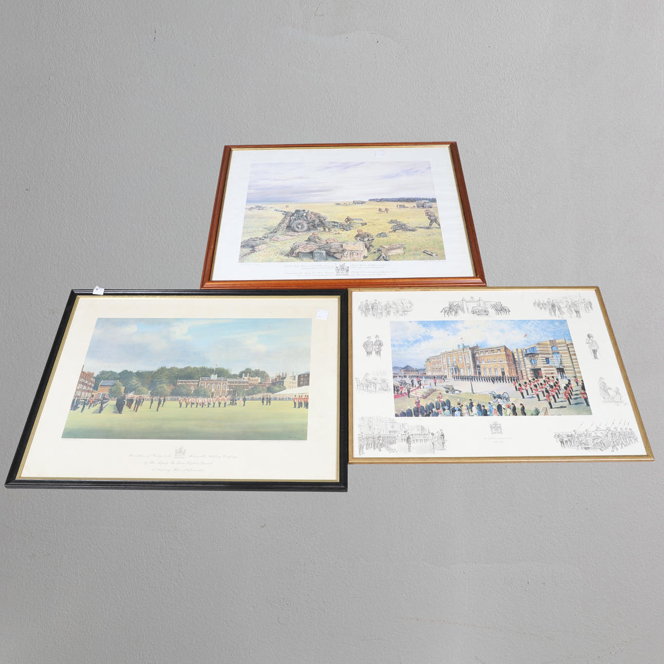 THREE GLAZED FRAMED MILITARY PRINTS.