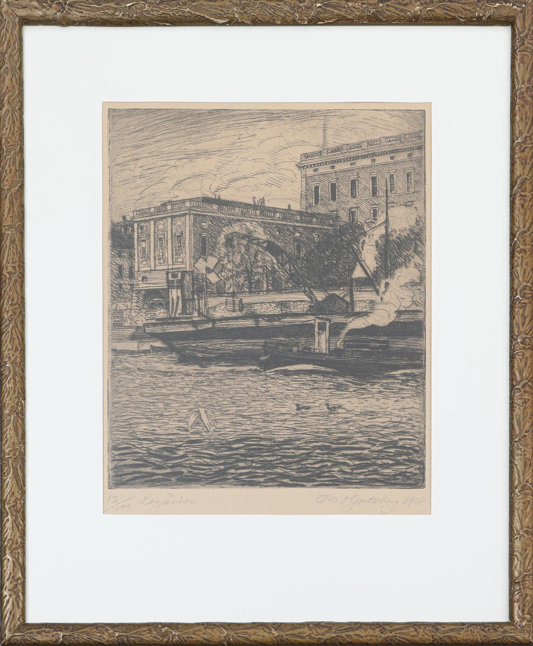 OLLE HJORTZBERG. etching, signed, numbered 13/100 and dated 1918, “Logården”.