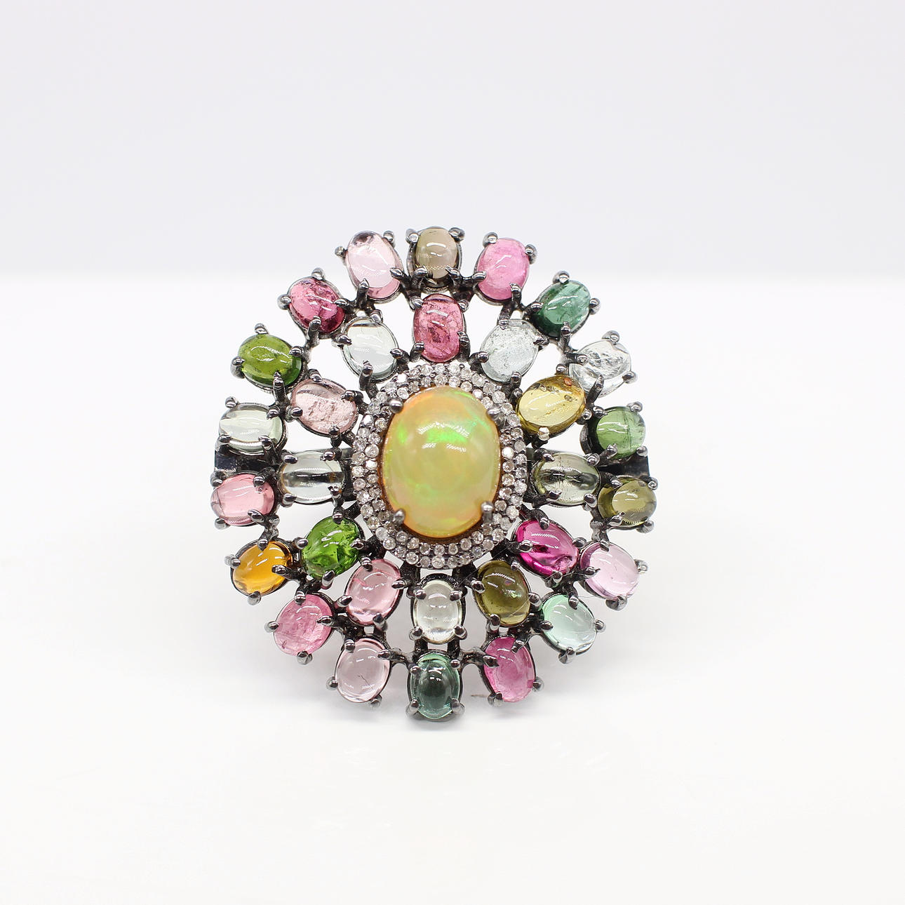 OPAL, TOURMALINE & DIAMOND RING.
