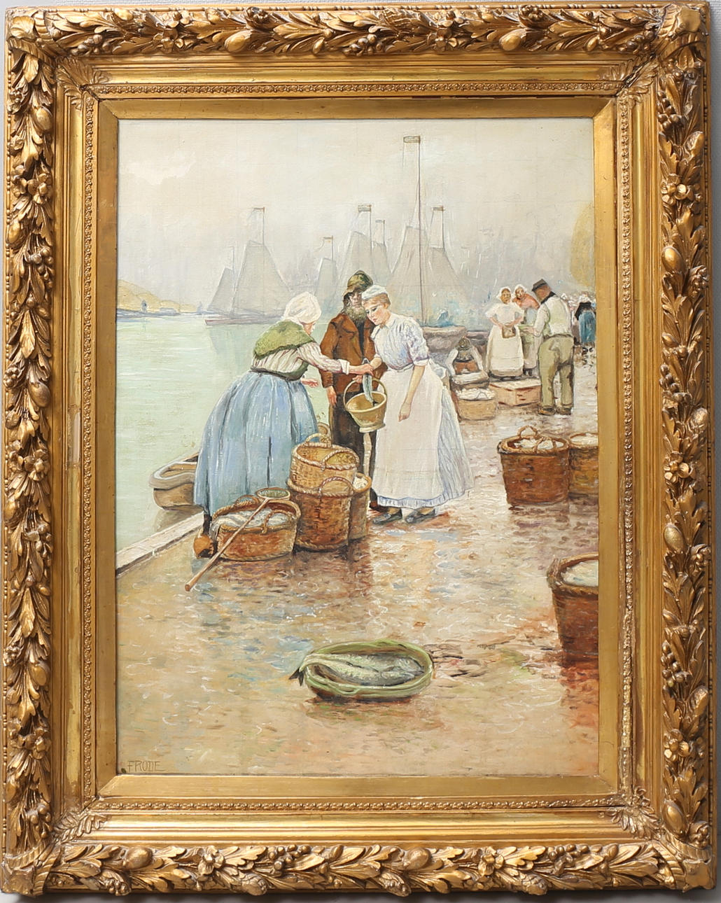 OIDENTIFIERAD KONSTNÄR. Hamnmotiv med fiskförsäljning. Olja på duk, signerad.