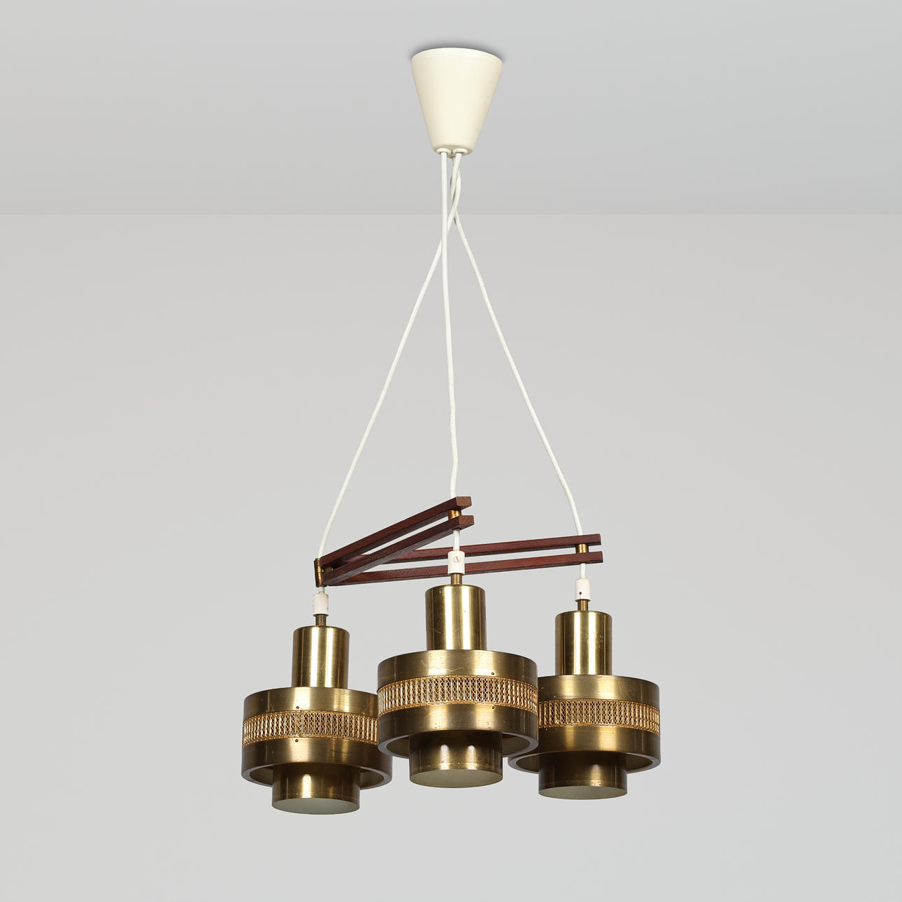 Pendant lamp with three light sources made of brass and teak, Danish lamp manufacturer, Denmark, circa 1960s.