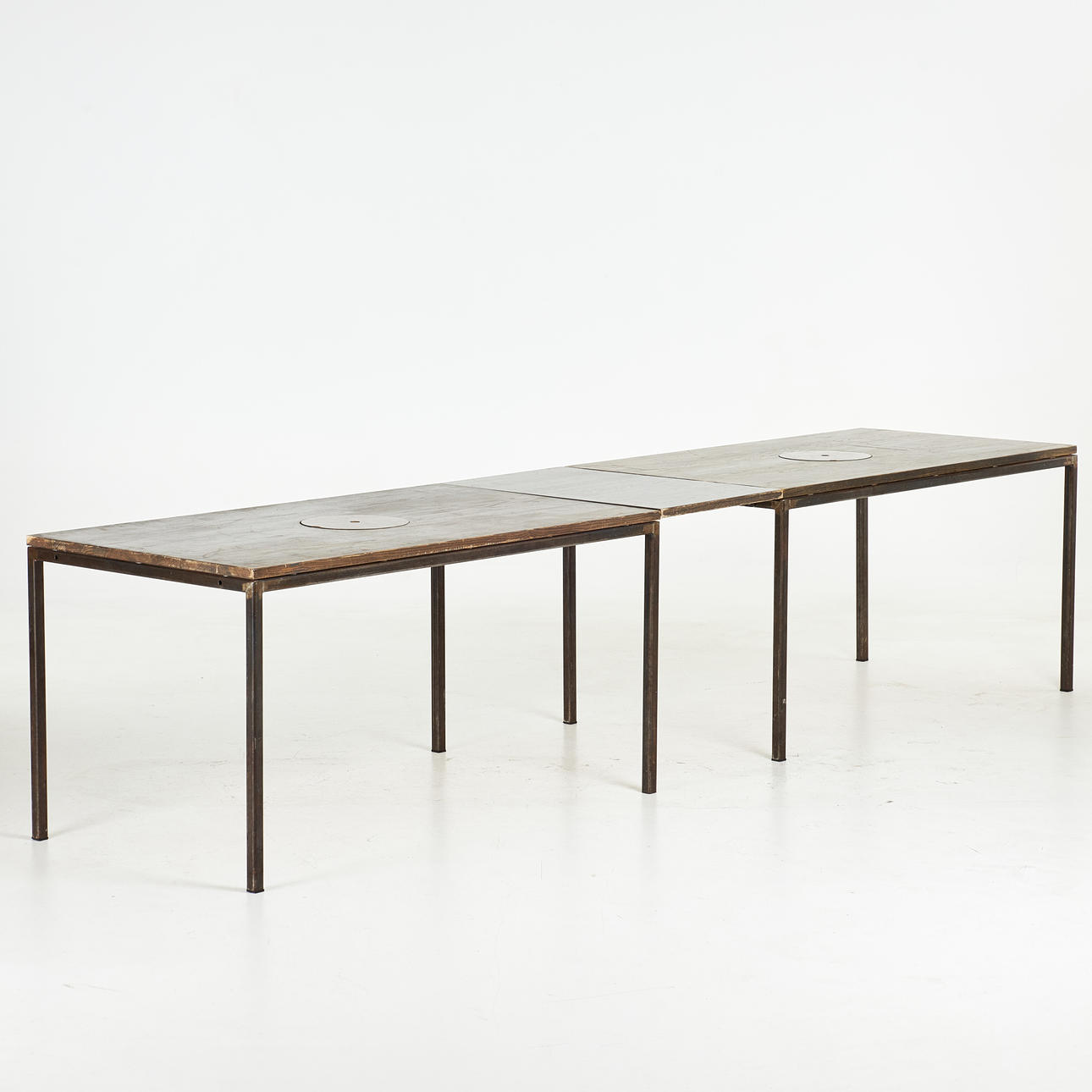 DINING TABLE, 2+1+2 dlr, steel frame, stained beech board, with an extension board that connects two tables to long tables, two removable round wooden inserts with cups, custom-ordered/unique.