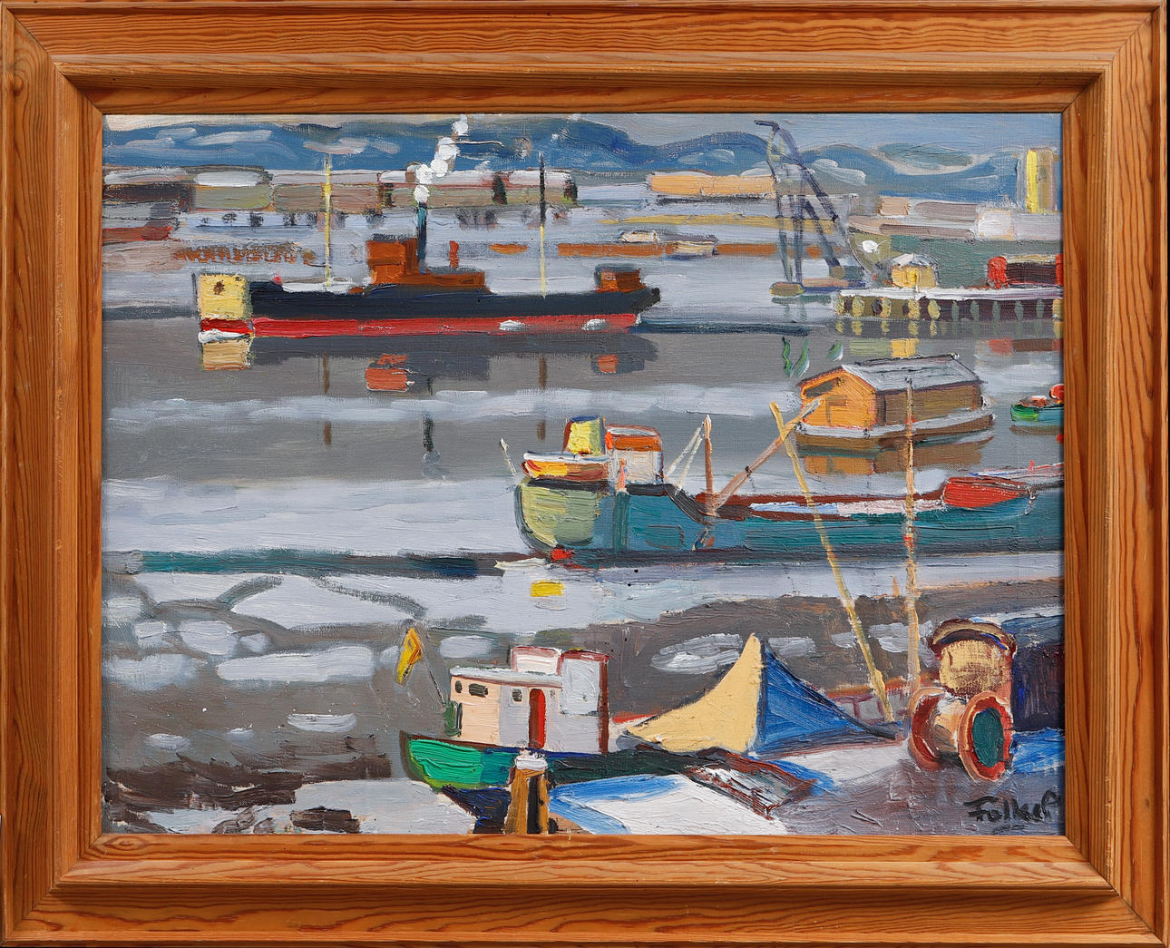 FOLKE PERSSON. Harbour motif, oil on canvas, signed.