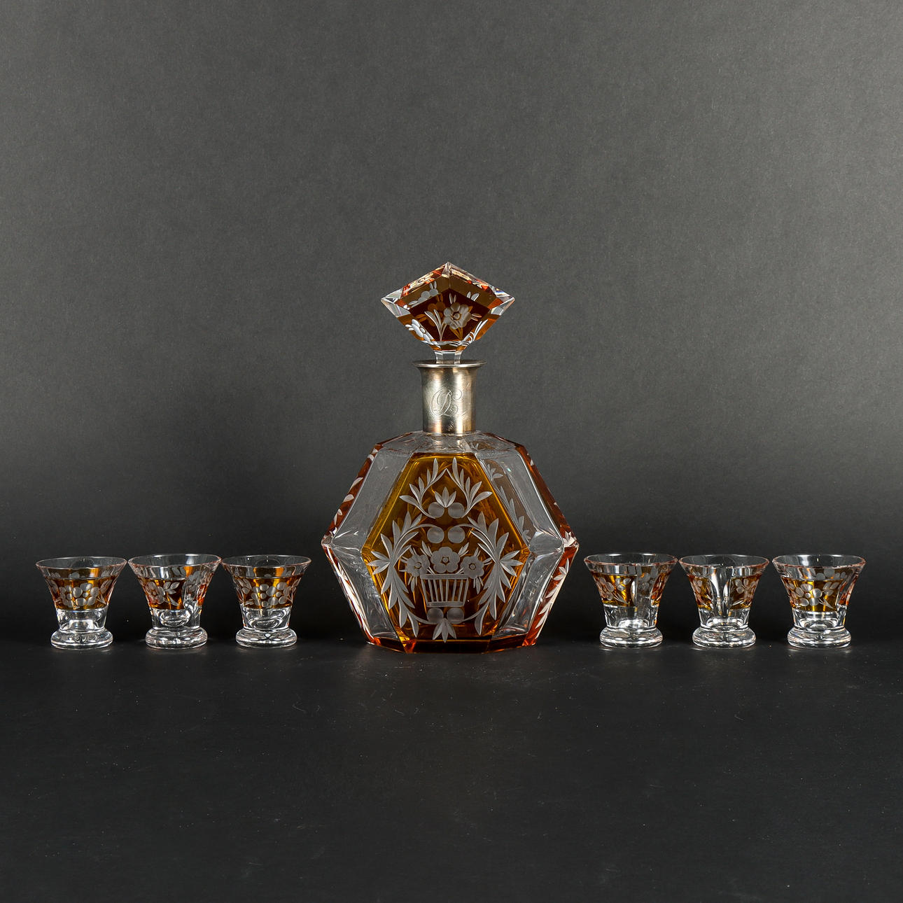 DECANTER WITH 6 GLASSES Bohemian crystal.