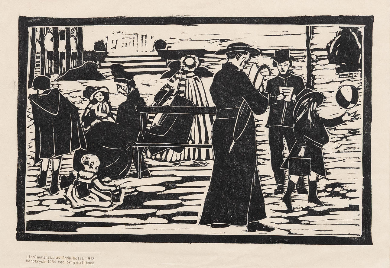 AGDA HOLST. Park life, linocut, unsigned.
