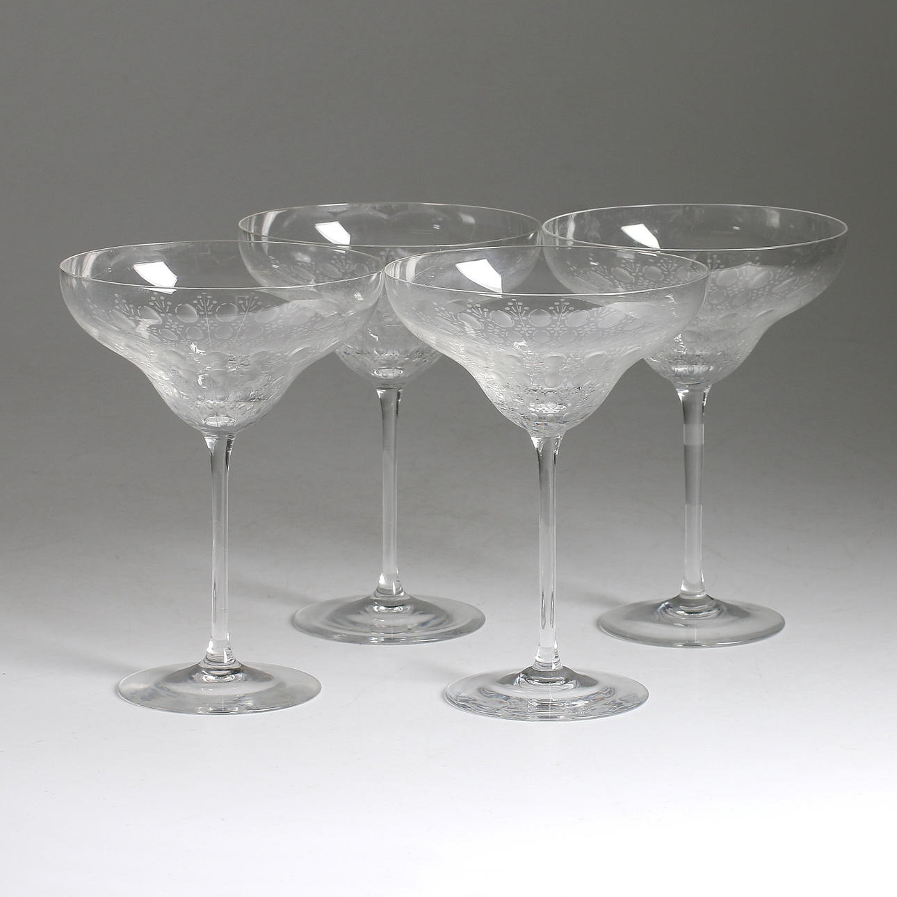 CHAMPAGNEKUPOR, 4 st, glas,"Romance", Björn Wiinblad, Rosenthal, Tyskland.
