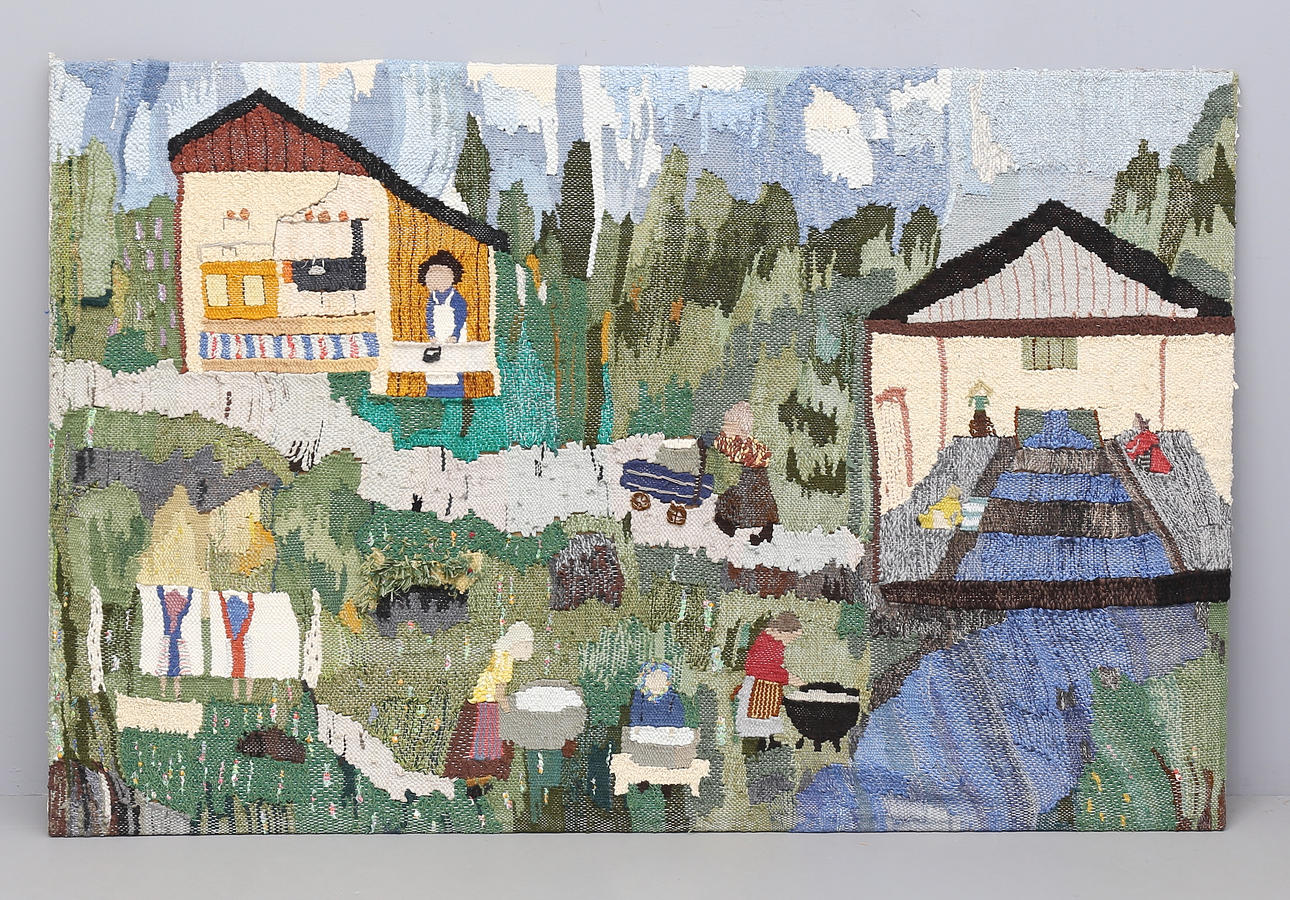 OIDENTIFIERAD KONSTNÄR. Wall textile, laundry day by the river, unsigned.