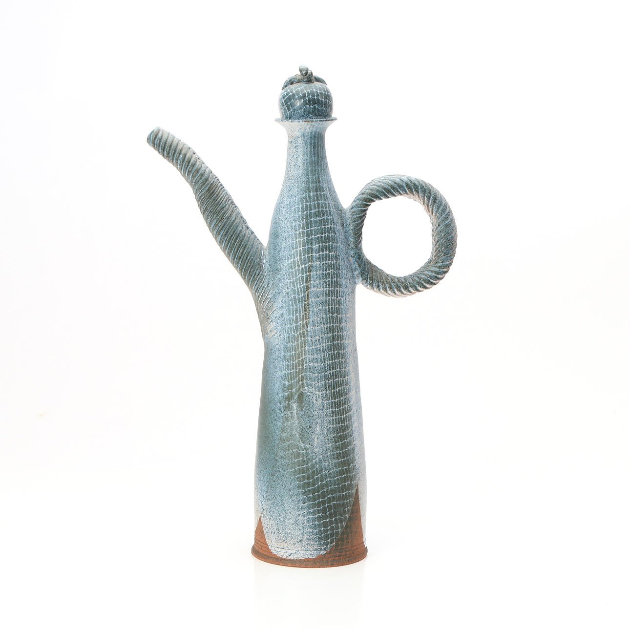 JUG. Glazed earthenware. Contemporary Manufacturing. Indistinct monogram-signed underneath.