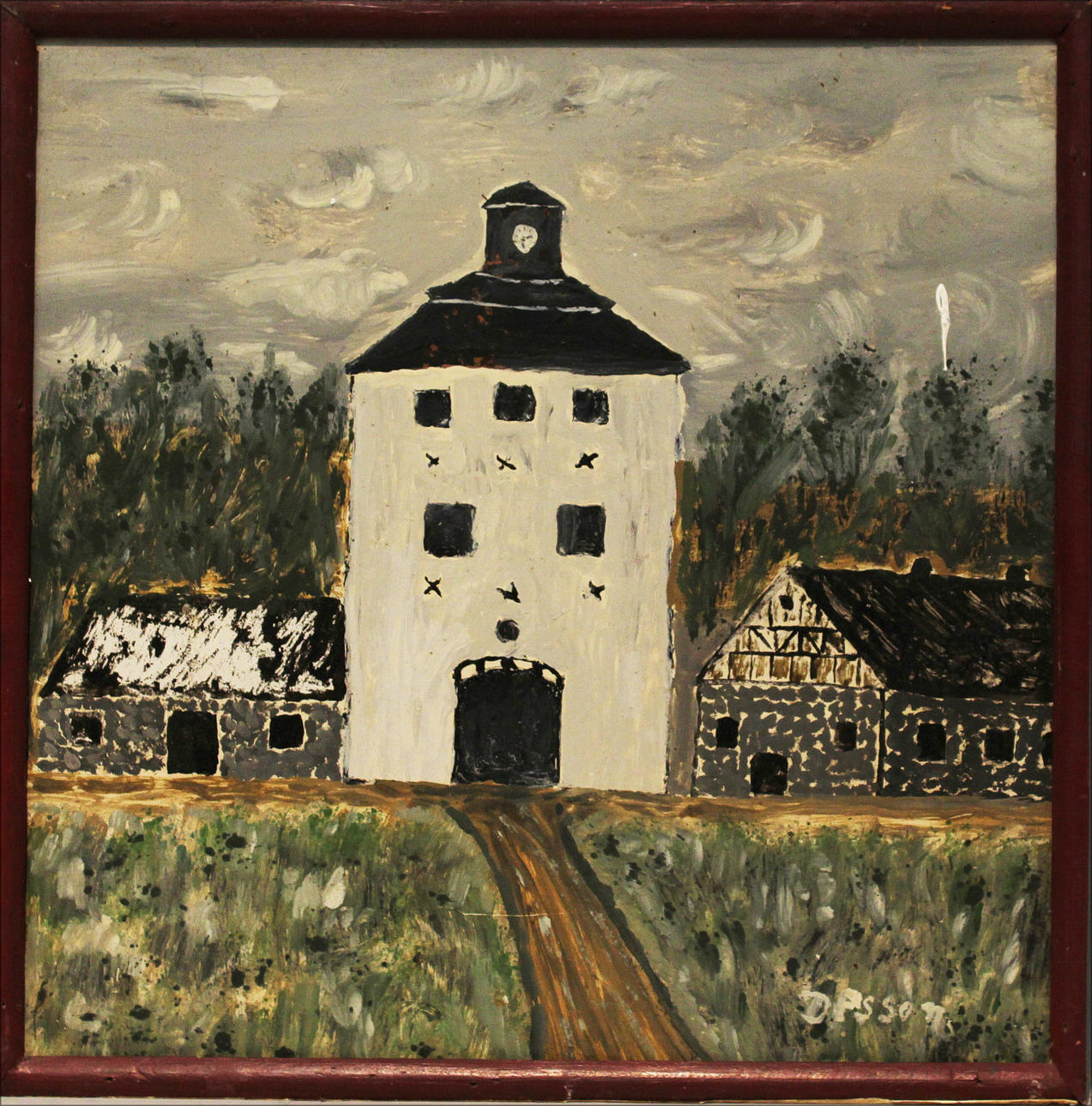 OIDENTIFIERAD KONSTNÄR. Gåramålning. Slottsbyggnad. Olja på papp. Signerad D Psson.