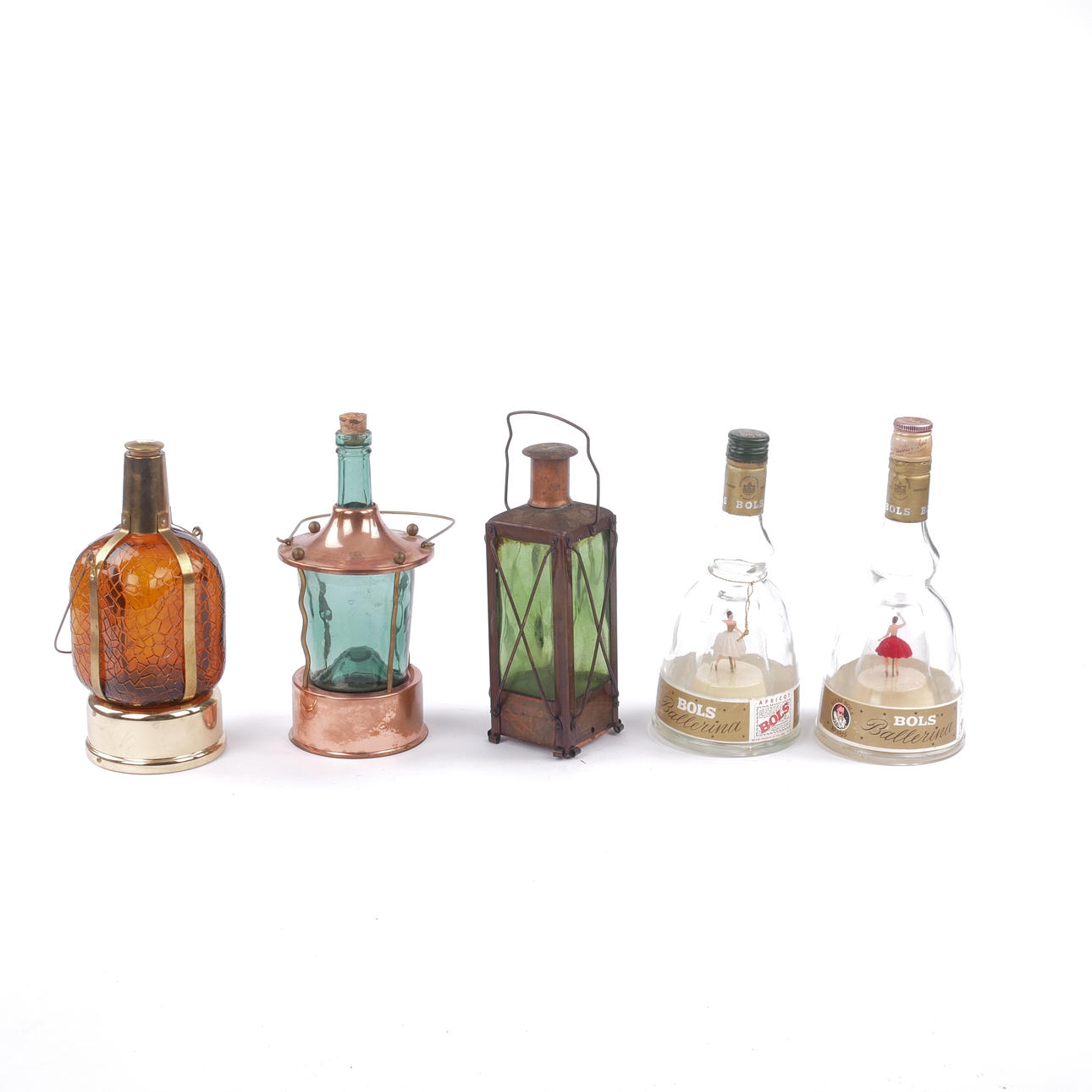 BOTTLES WITH GAME BOXES, 5 pcs, glass and metal.