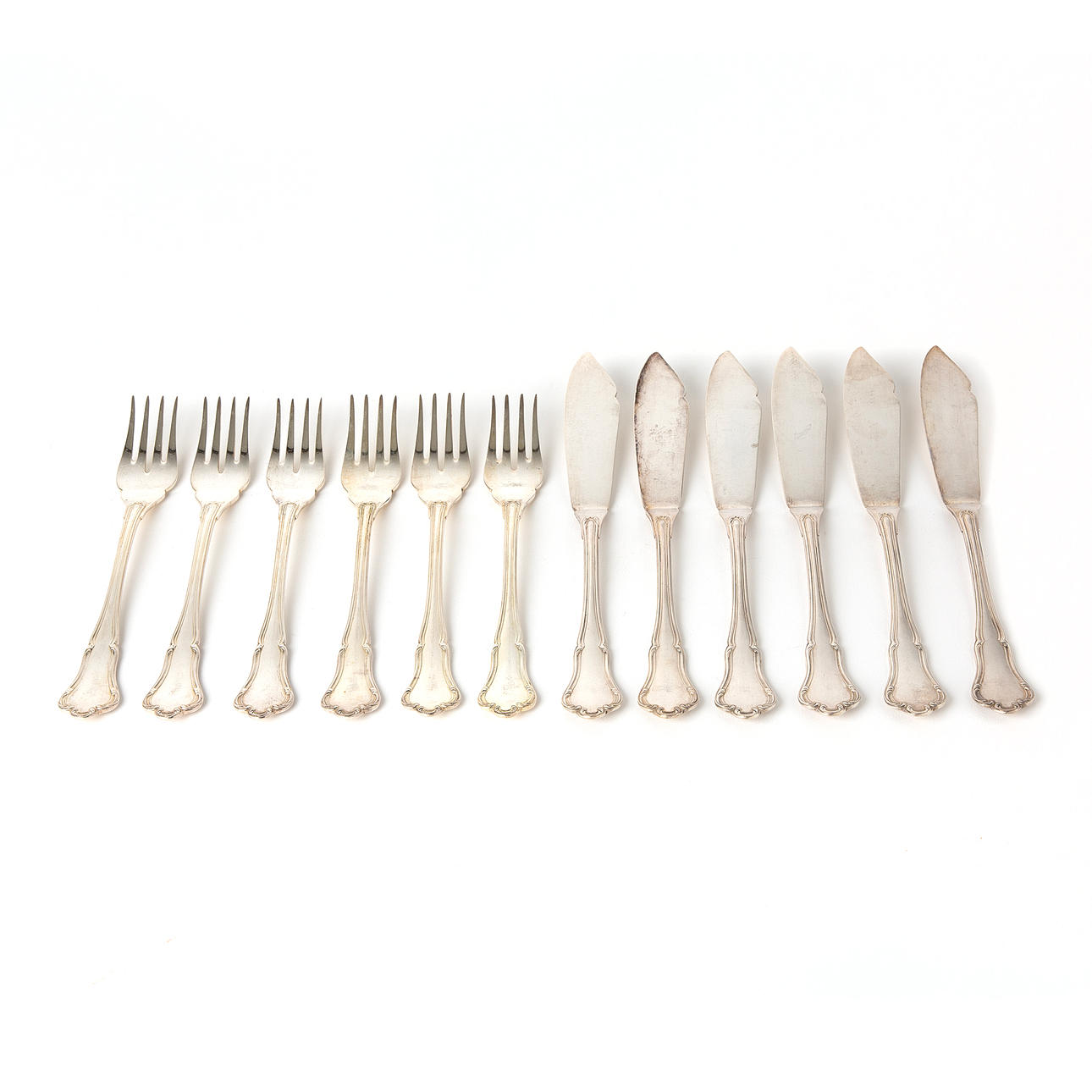 FISH CUTLERY. 12 pieces, silver, import stamped.