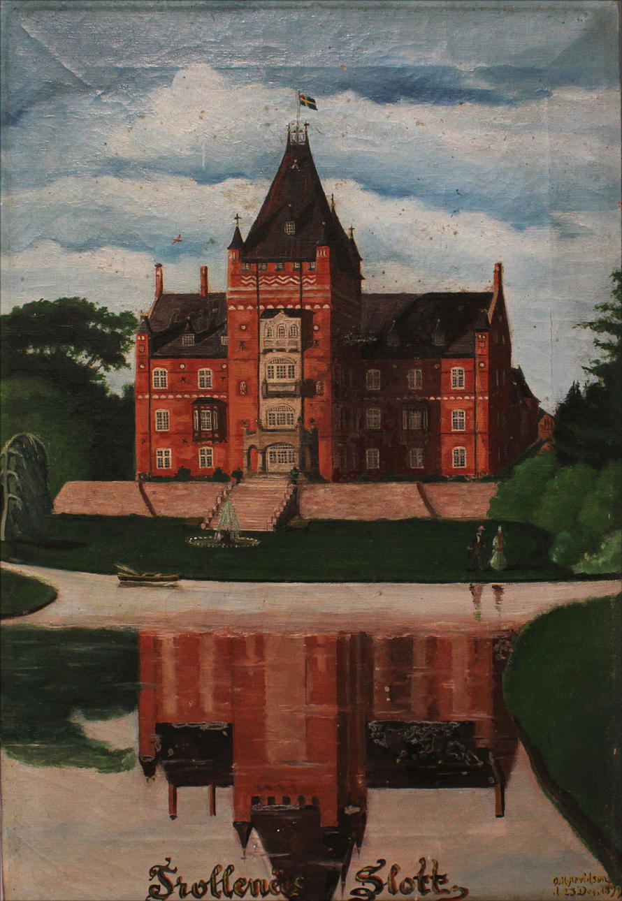 OSKAR HERMAN ARVIDSSON. Gåramålning. Trollenäs slott. Olja på pannå. Signerad O Arvidsson och daterad 23 dec 1899.