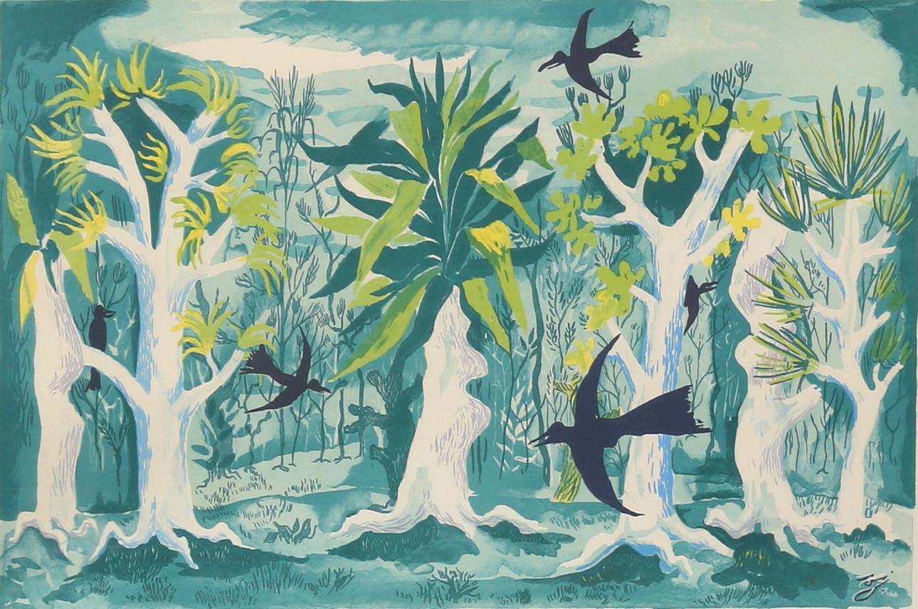 SVEND JOHANSEN. Trees and birds. Lithograph in colours, signed and numbered 231/300, dated -56.