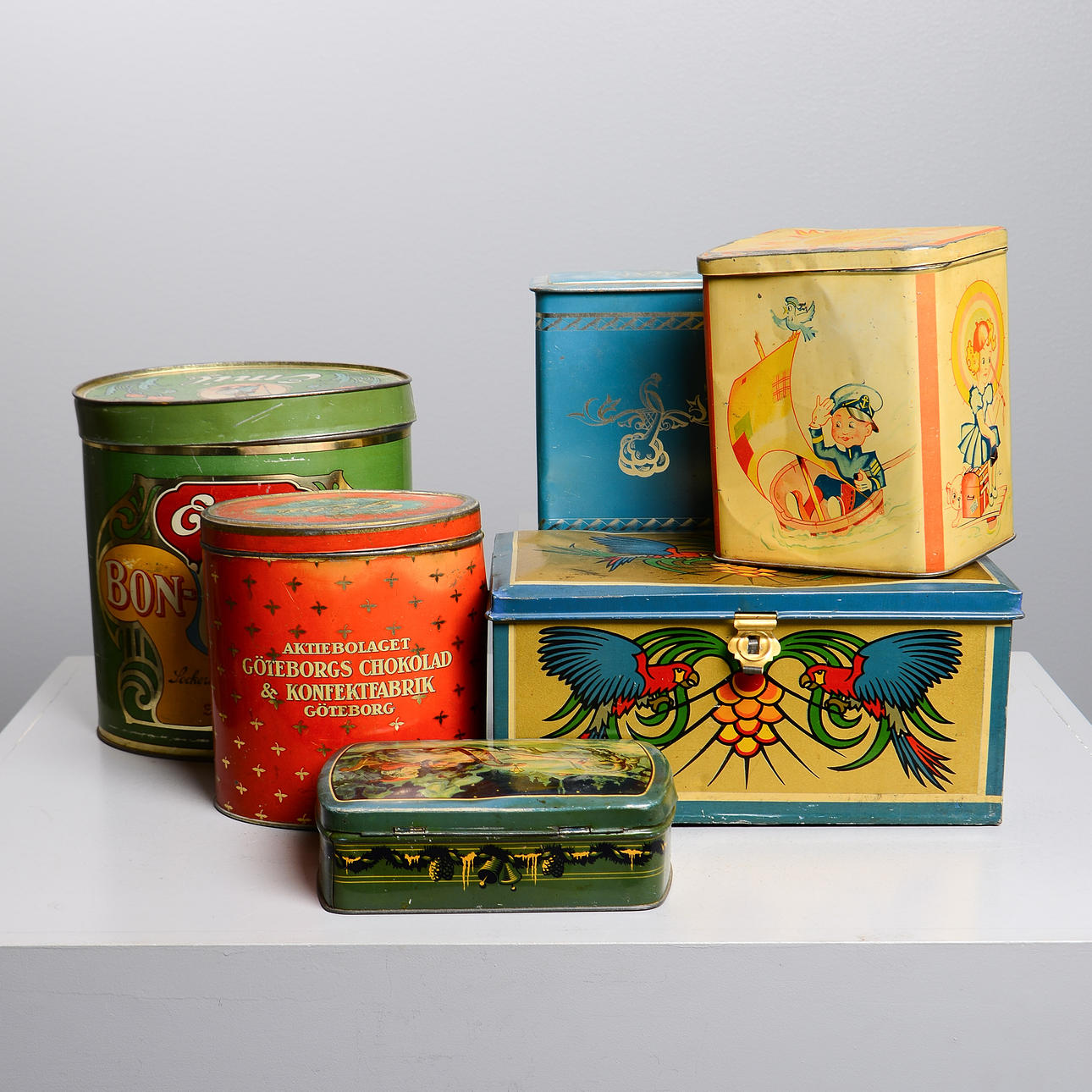 OLDER TIN CANS, 6 pcs, including Marabou.