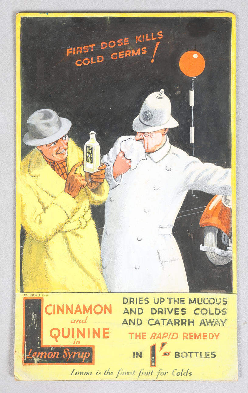 A HAND PAINTED LEMON SYRUP ADVERTISING SIGN.