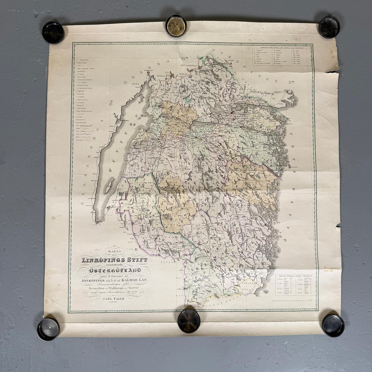 MAP “Map of Linköpings stiffly comprising Östergötland... “, Carl Falk, 1839.