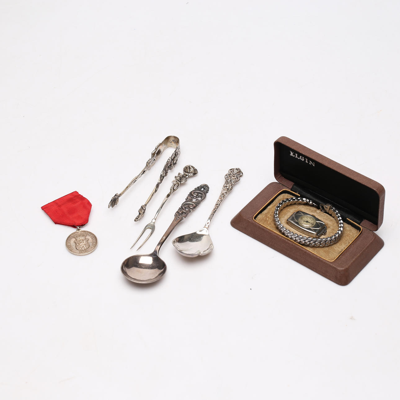 SILVER OBJECTS and a LADIES' WRISTWATCH, Elgin.