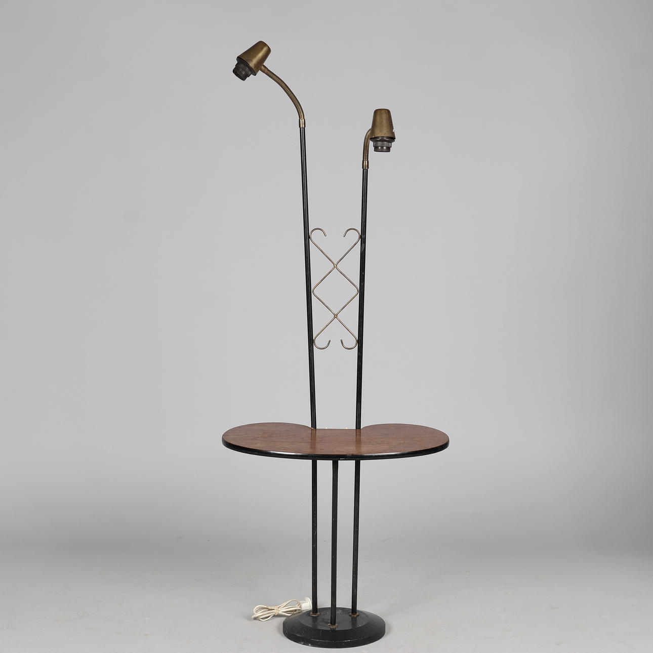 Floor lamp with metal and teak table, two light sources with flex arms, Asea, Sweden, mid 1900s.