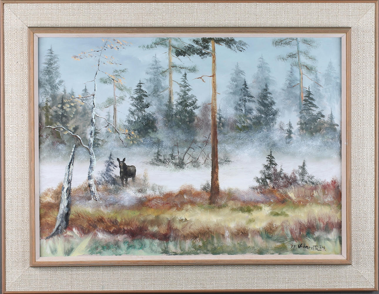 FINGAL WINROTH. "Disig morgon med ung älgko", signerad och daterad -74.