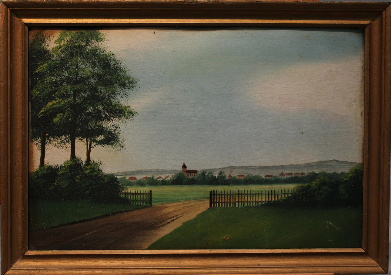 OKÄND KONSTNÄR. Gåramålning. Kyrkbyn. Olja på pannå Osignerad.