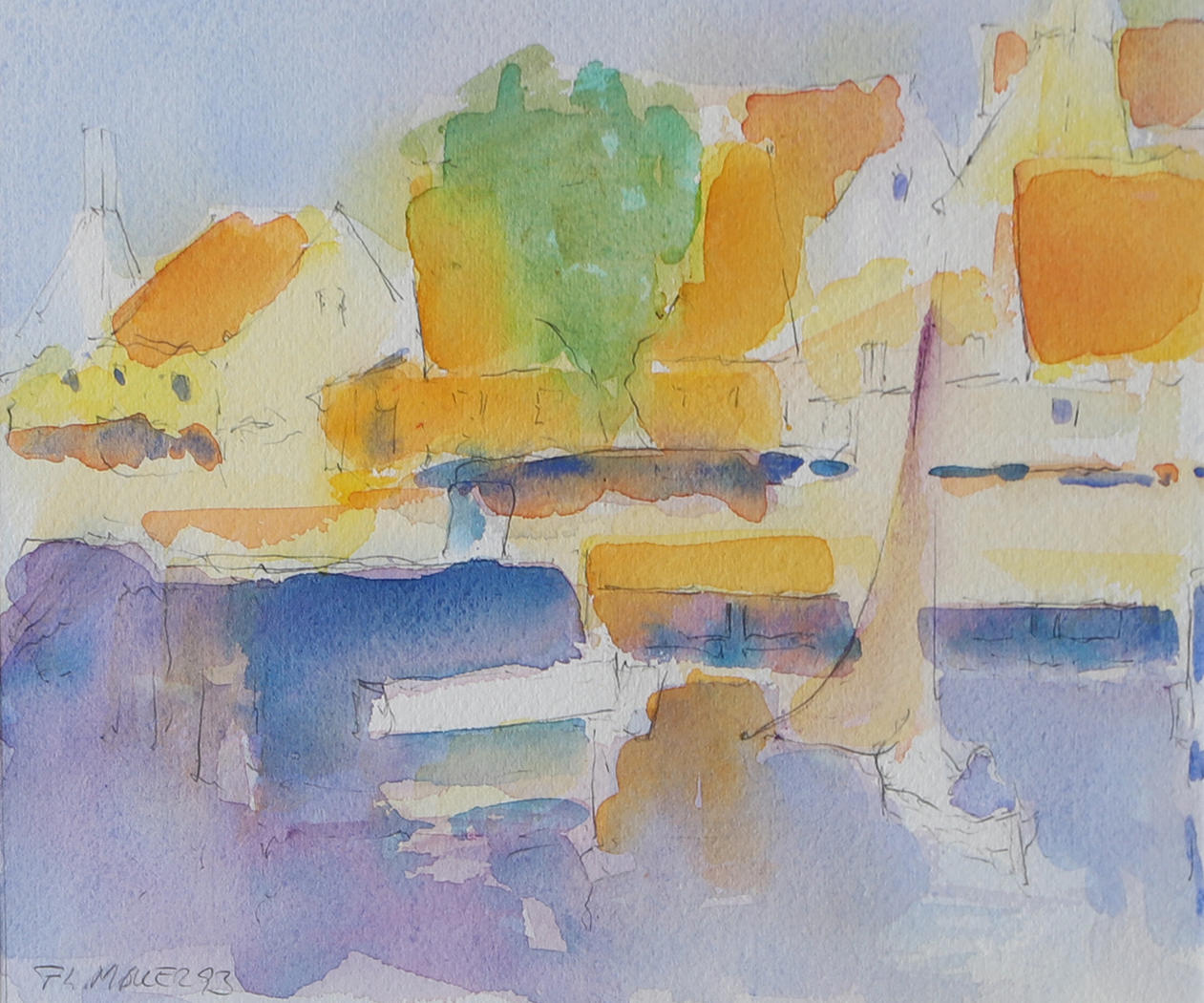 OIDENTIFIERAD KONSTNÄR. Harbour with house, watercolour, signed Fl. Painter.