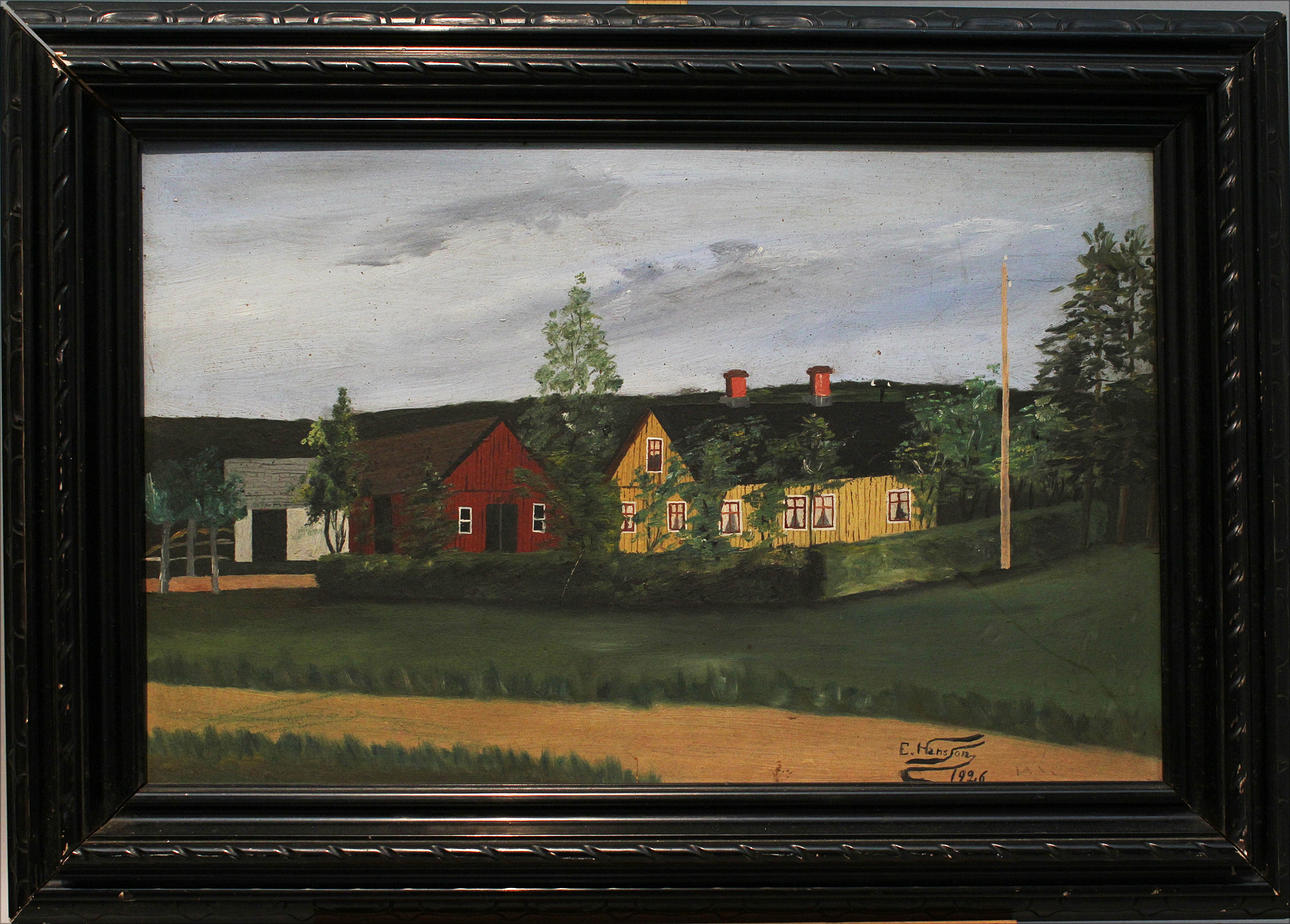Gåramålning. Bondgård. Olja på duk. Signerad E Hansson och daterad 1926.