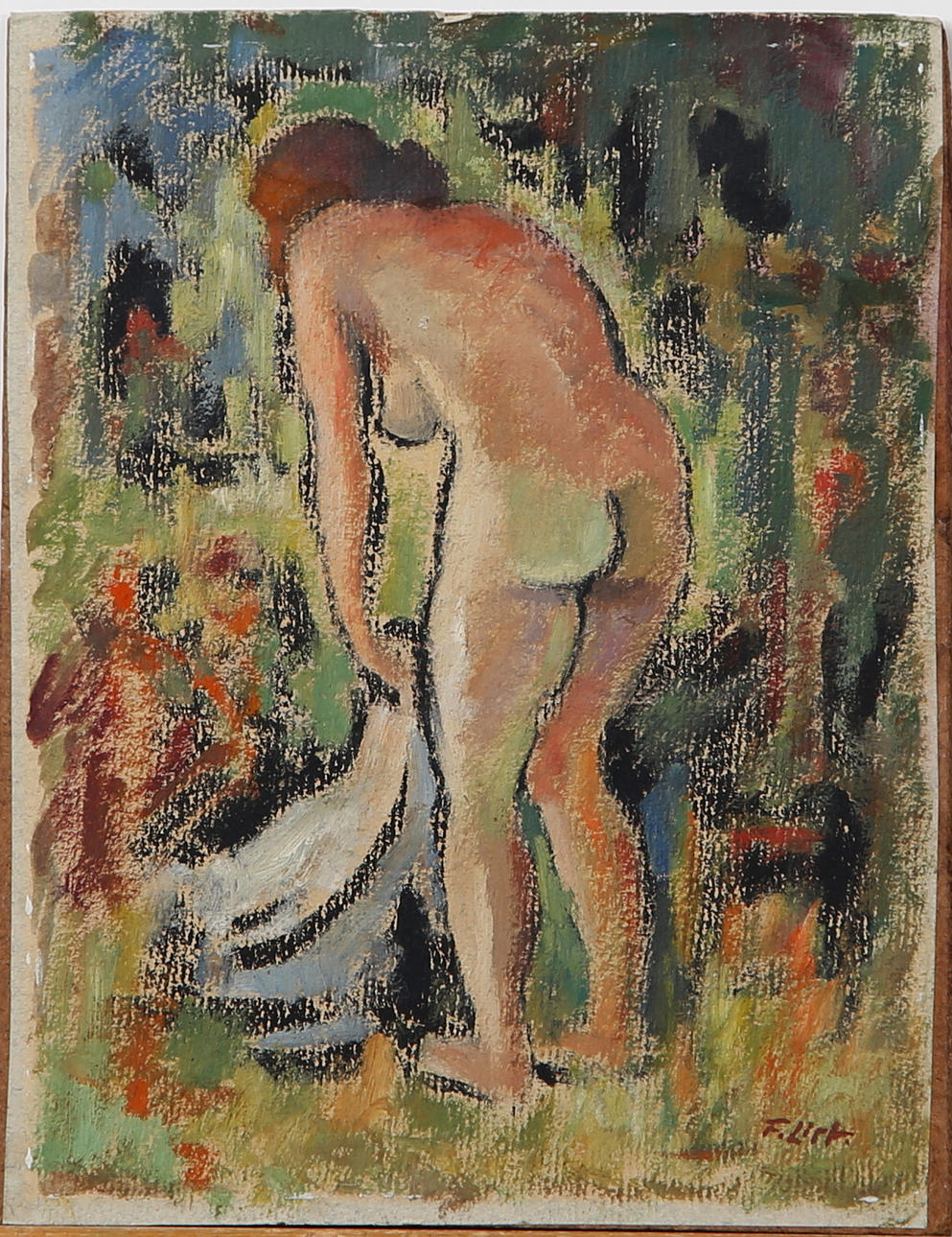 OIDENTIFIERAD KONSTNÄR. Modell, olja på pannå, signerad möjligen F Lipa.